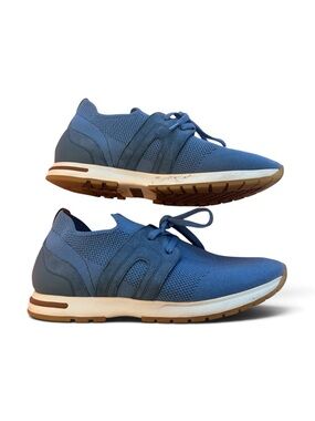 Loro Piana Women's Knit Sneakers in Dusty Blue with Tan Trim The Flexy 360